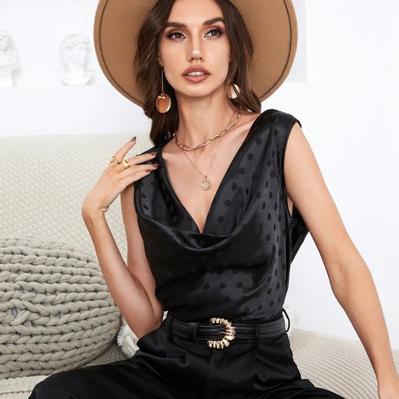 New Polka Dot Jacquard Draped Collar Satin Blouse Black - Picture 4 of 5